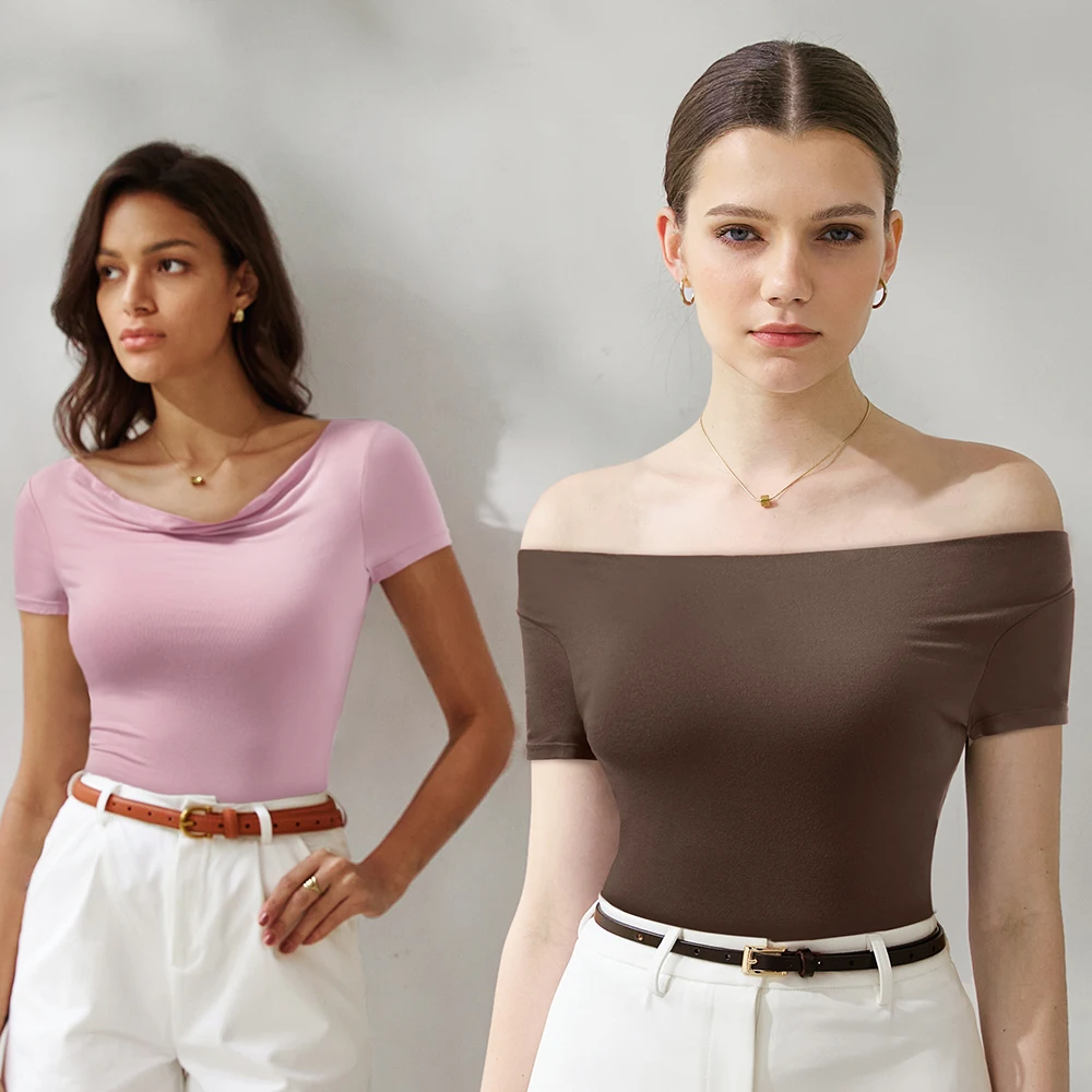 Tops de manga corta con hombros descubiertos para mujer, ropa de calle a la moda, jersey con cuello vuelto, camiseta básica para salir de verano para mujer