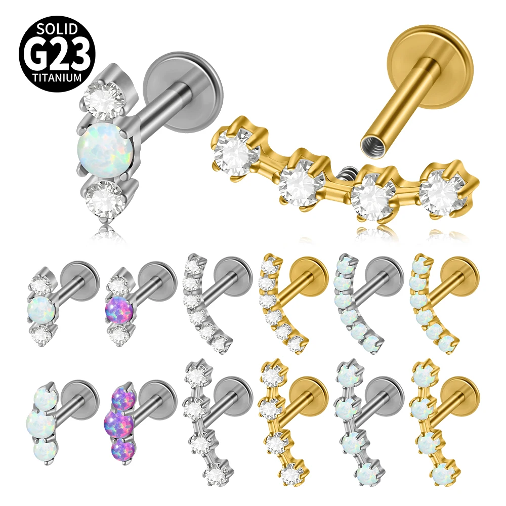 1PC G23 Titanium Center Opal Side CZ Vertical Round Internal Thread Labret Ear Studs Cartilage Helix Lobe Conch Piercing Jewelry