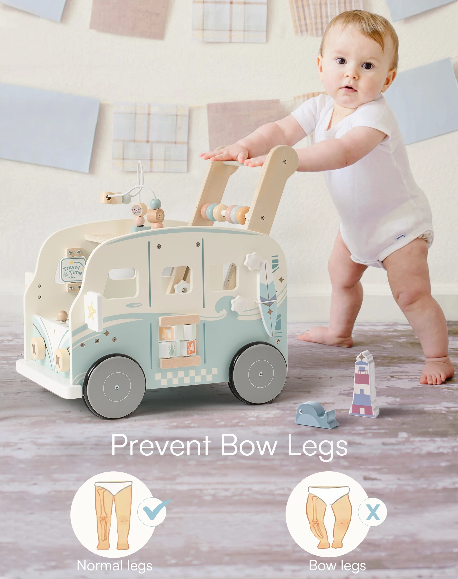 Robud Blue Bus Baby Theme Activity Walker Push Walker Develop Motor Skills Imagination Perfect Birthday Gift for Toddlers