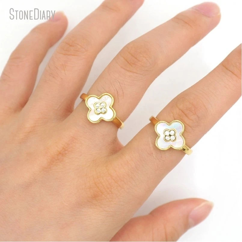 5Pcs Wholesale  Gold Color Invisible Setting Cubic Zirconia Copper White Shell Flower Ring RM50810