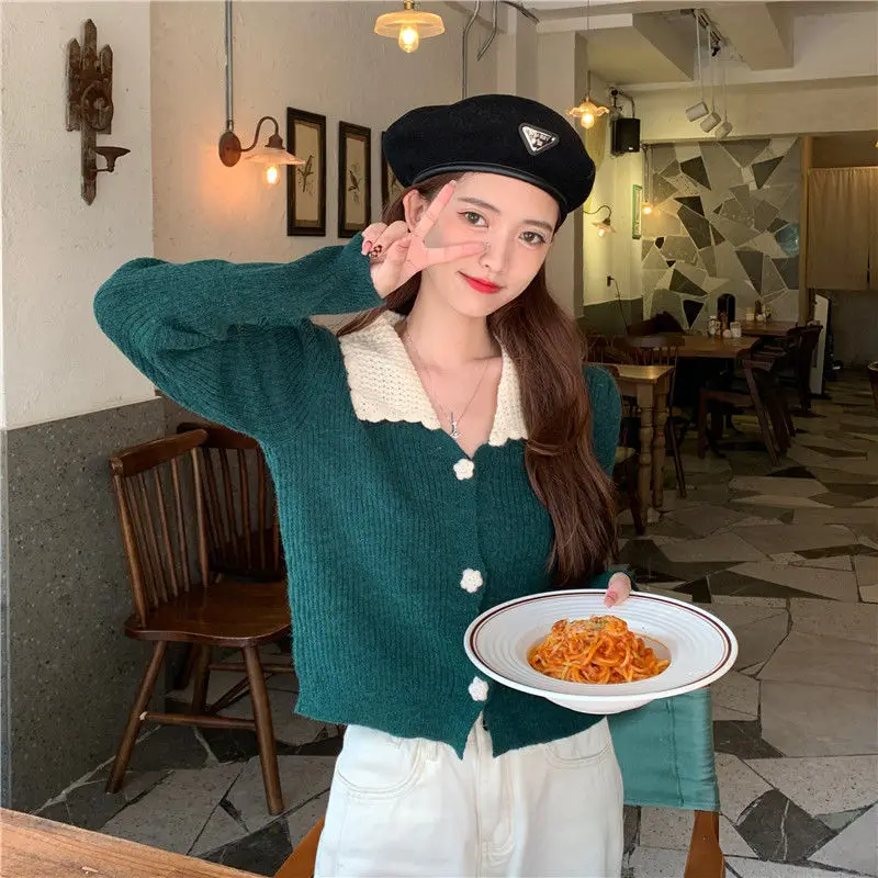 

Контрастный вязаный лоскутный корейский кардиган, весенне-осенний новый молодежный милый свитер с длинными рукавами, модная элегантная женская одежда