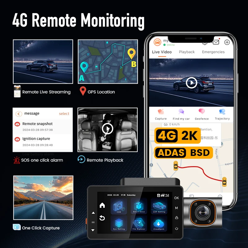 2K IPS Dash Cam 4G 4 Channel 3-Inch Touch Screen ADAS&BSD&GPS Microphone Remote Real-time Viewing Two-Way Talk Cars