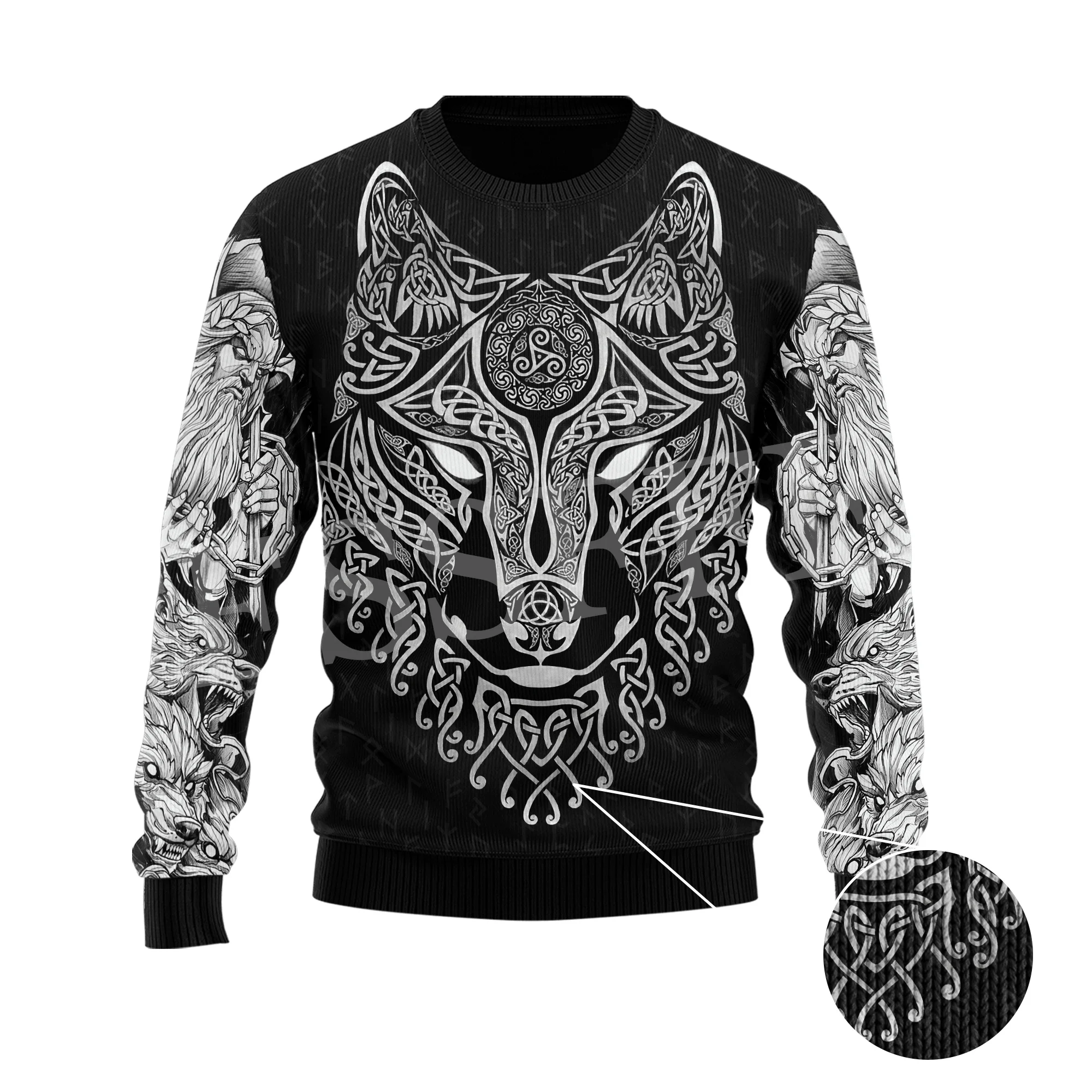 

Christmas Ugly Sweater Wolf Fenrir Odin Nordic Warrior Mythology Tattoo Retro Long Sleeves 3DPrint Pullover Harajuku Casual X2