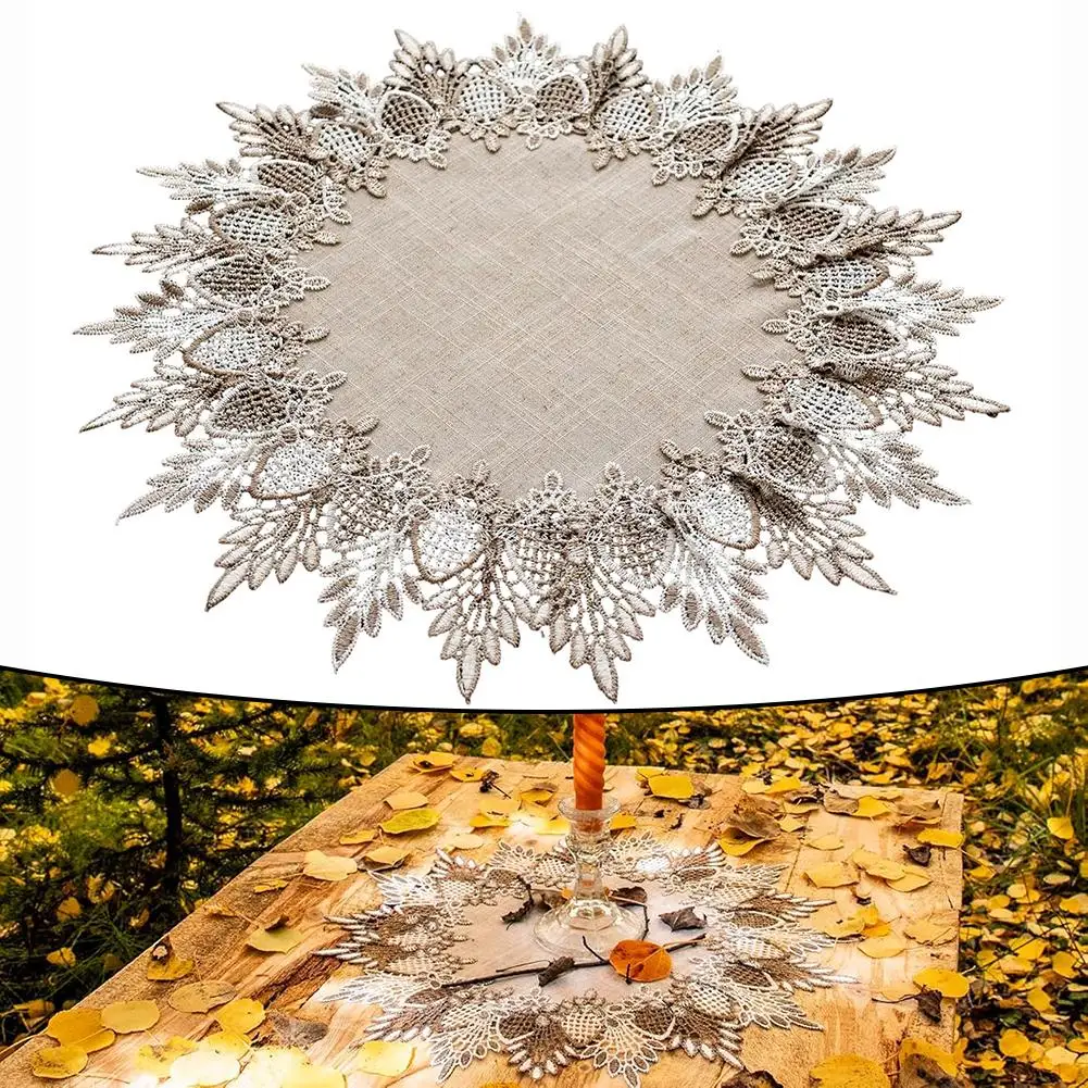 Beige Brown Round Placemat 39x39cm Polyester Fabric with 2 Inch Lace Trim for Dining Room Coffee Table Rustic Decor