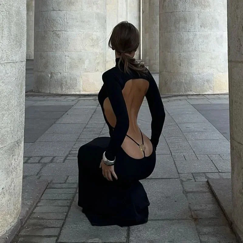 JINIA Fashion Bandage Sexy Backless Long Sleeve Dress Outfits Club Party Fall Bodycon Maxi Dresses Birthday Clothes