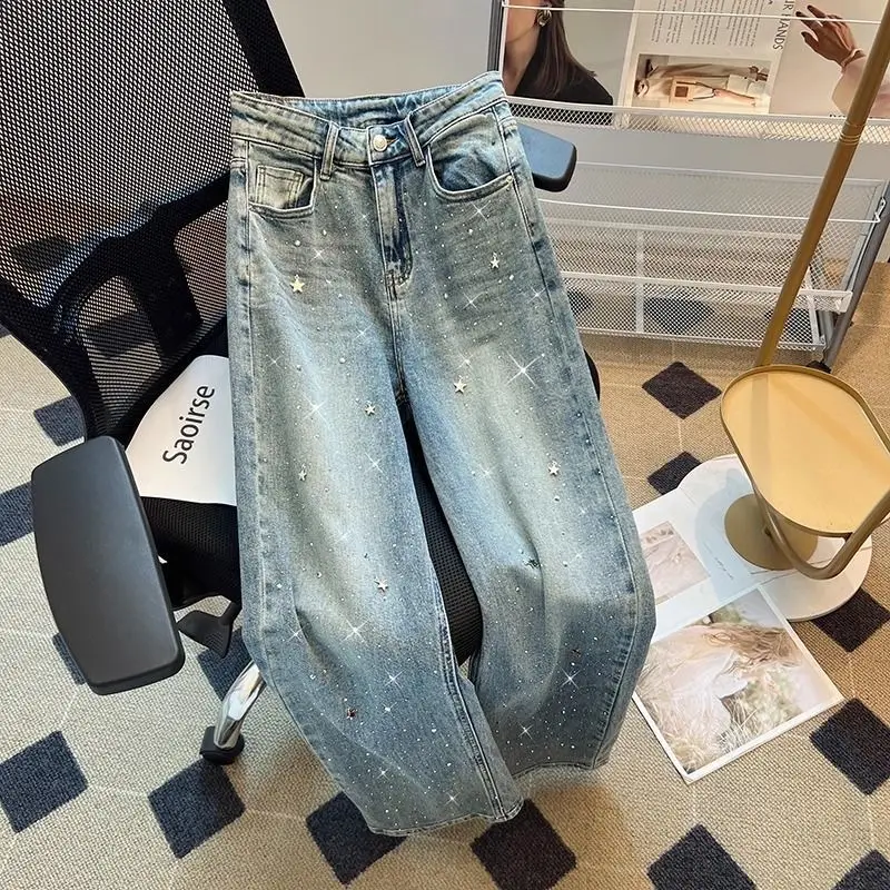 

Fashion Rhinestone Women's Jeans Spring New Star Design High Waist Loose Washed Wide Leg Pants Korean Style Straight Denim Pants