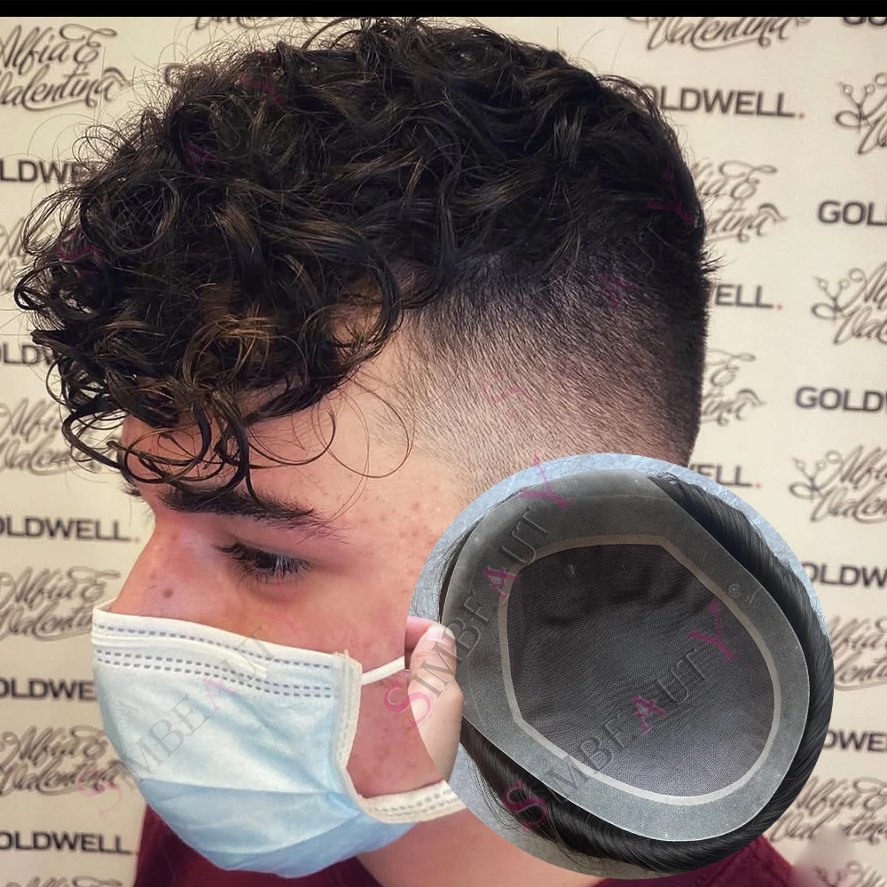 

20mm/24mm/28mm Classic Curly Men Toupee European 100% Human Hair Replacement Systems Durable Mono Lace Top PU Men's Hairpieces