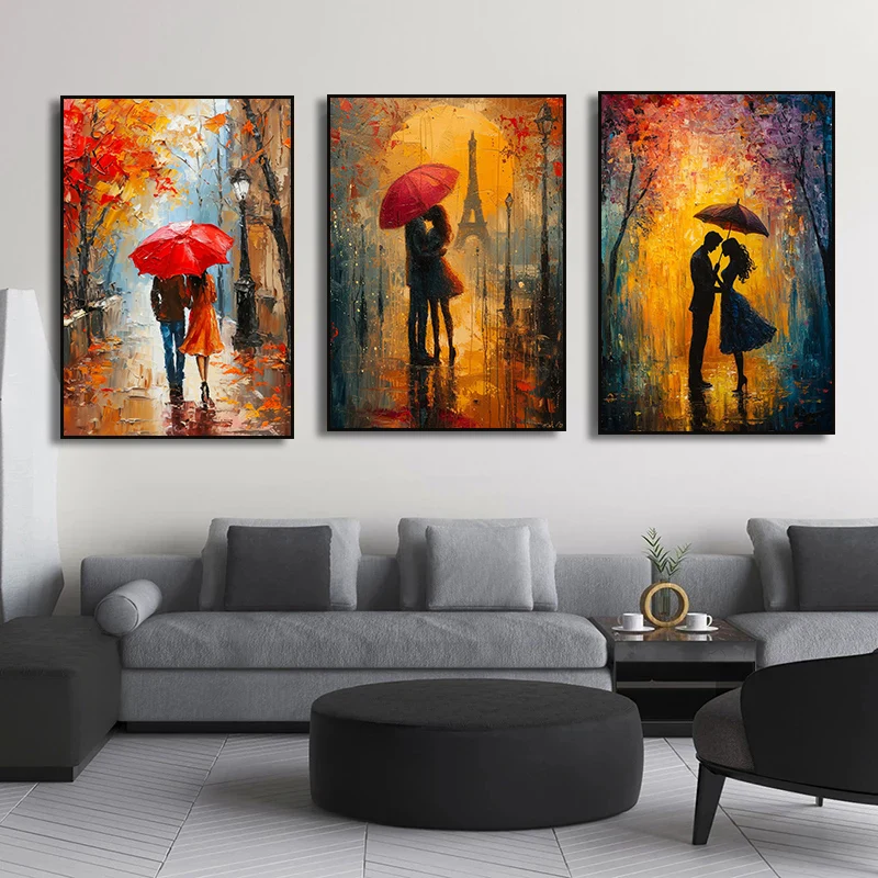 Romantic Lover Couple with Umbrella Walking London Paris Canvas Painting Poster Print  Landscape Wall Art Mural Home Decor