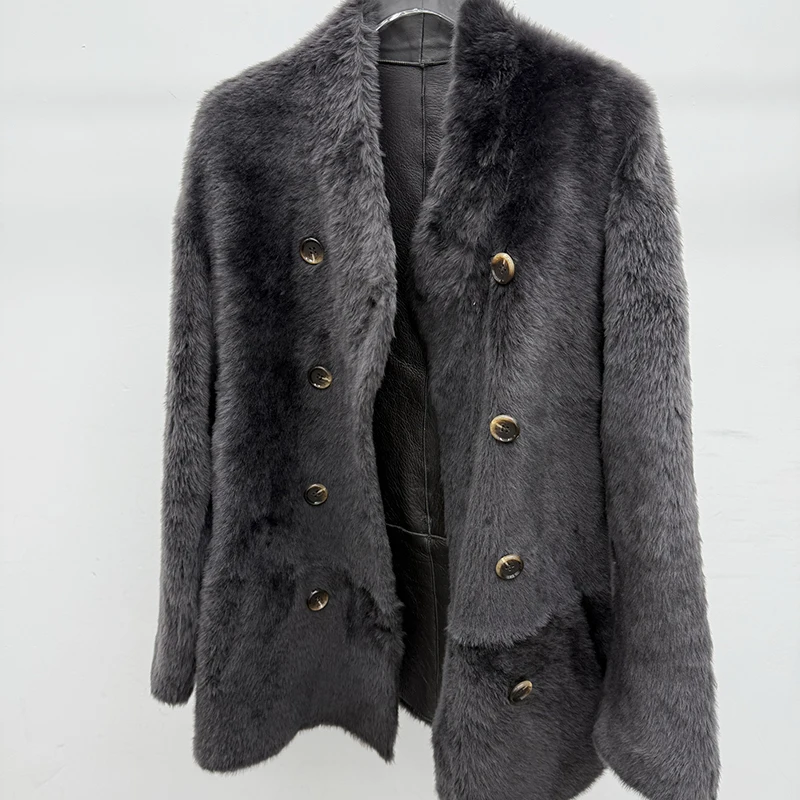 معاطف الفرو الحقيقي امرأة المستوردة راجون الصوف مزدوجة الصدر الوقوف طوق بسيط تنوعا متوسطة طول سترة جلدية فرو الضأن #5