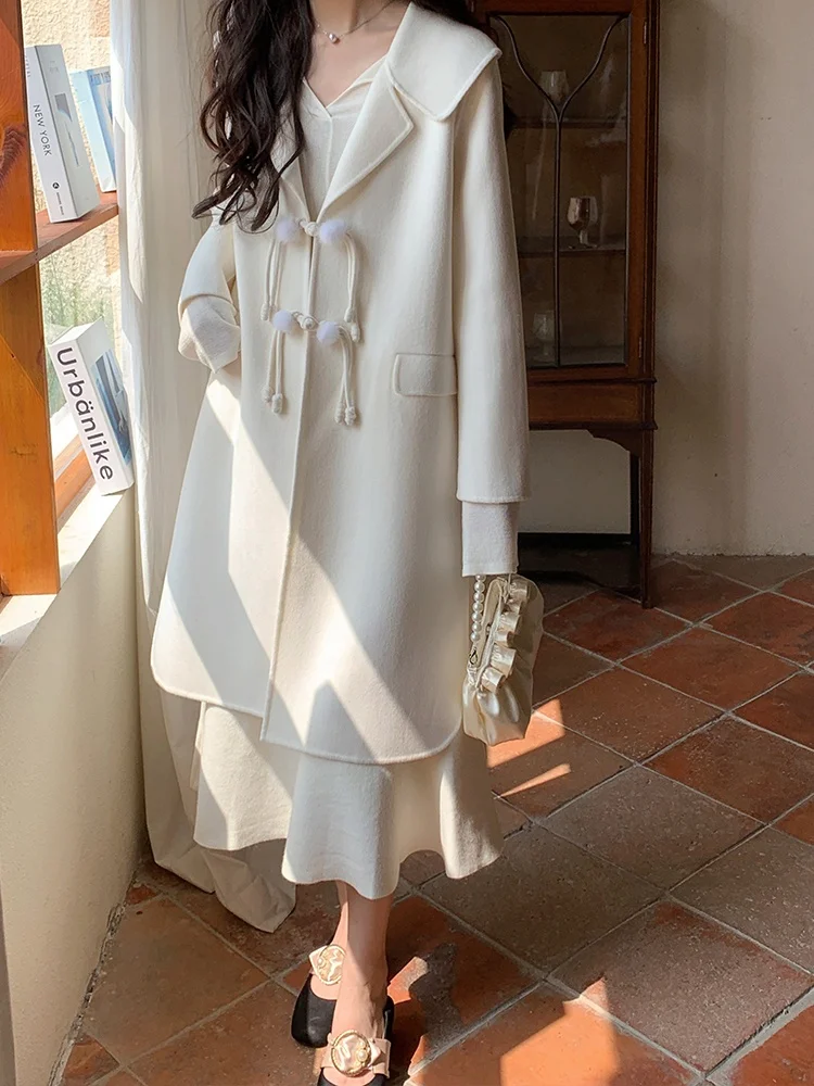 

Пальто женское двустороннее шерстяное North Jasmine 2025 Осень-Зима, для повседневной носки, с V-образным вырезом, длинный рукав, стандартная длина