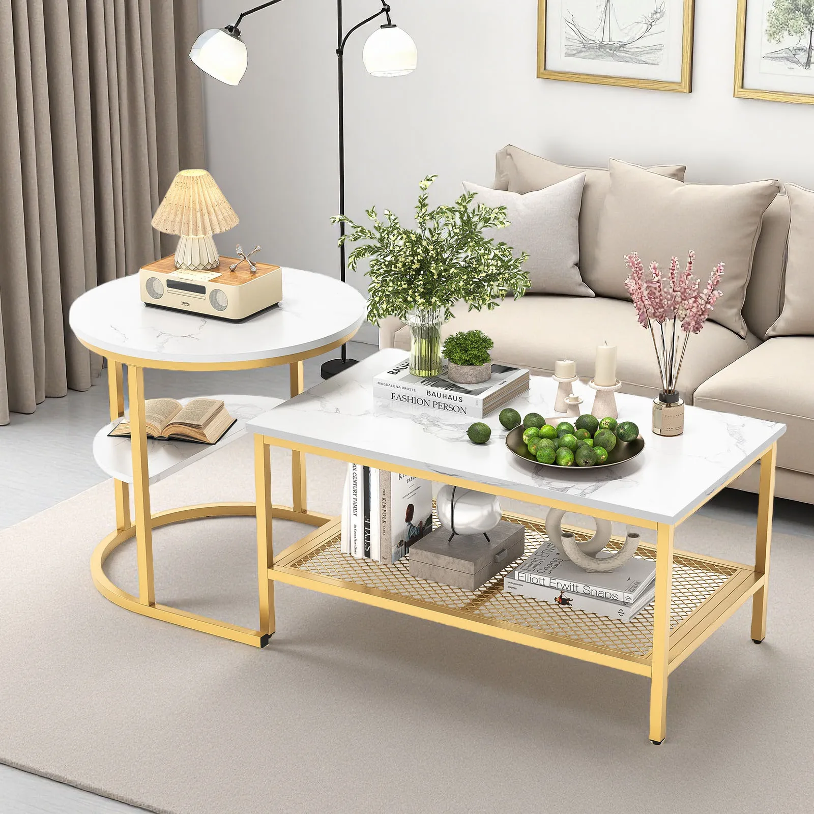 Set tavolino Comanlai, tavolino moderno impilabile con spazio di archiviazione e piano effetto marmo, tavolini laterali per divano, soggiorno