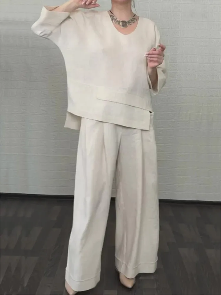 

Повседневные однотонные свободные комплекты одежды для женщин, модный пуловер с круглым вырезом три четверти + широкие брюки, комплект из 2 предметов, женский весенний новый