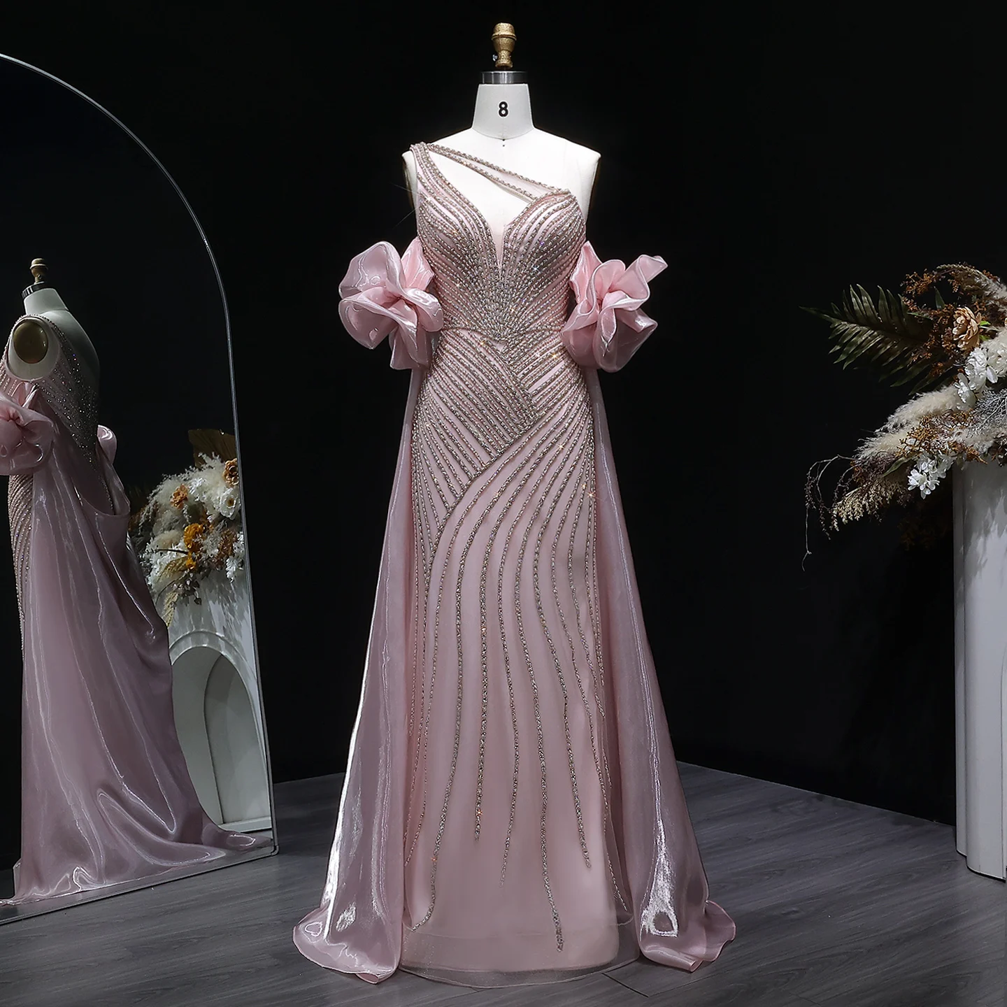 Sharon Said Dubai Luxuriöses Einschultriges Abendkleid mit Langer Schleppe, Stark Perlenbestickt, Saudi-Arabisches Damen-Abendkleid SS016 Maßanfertigung – Detail 16
