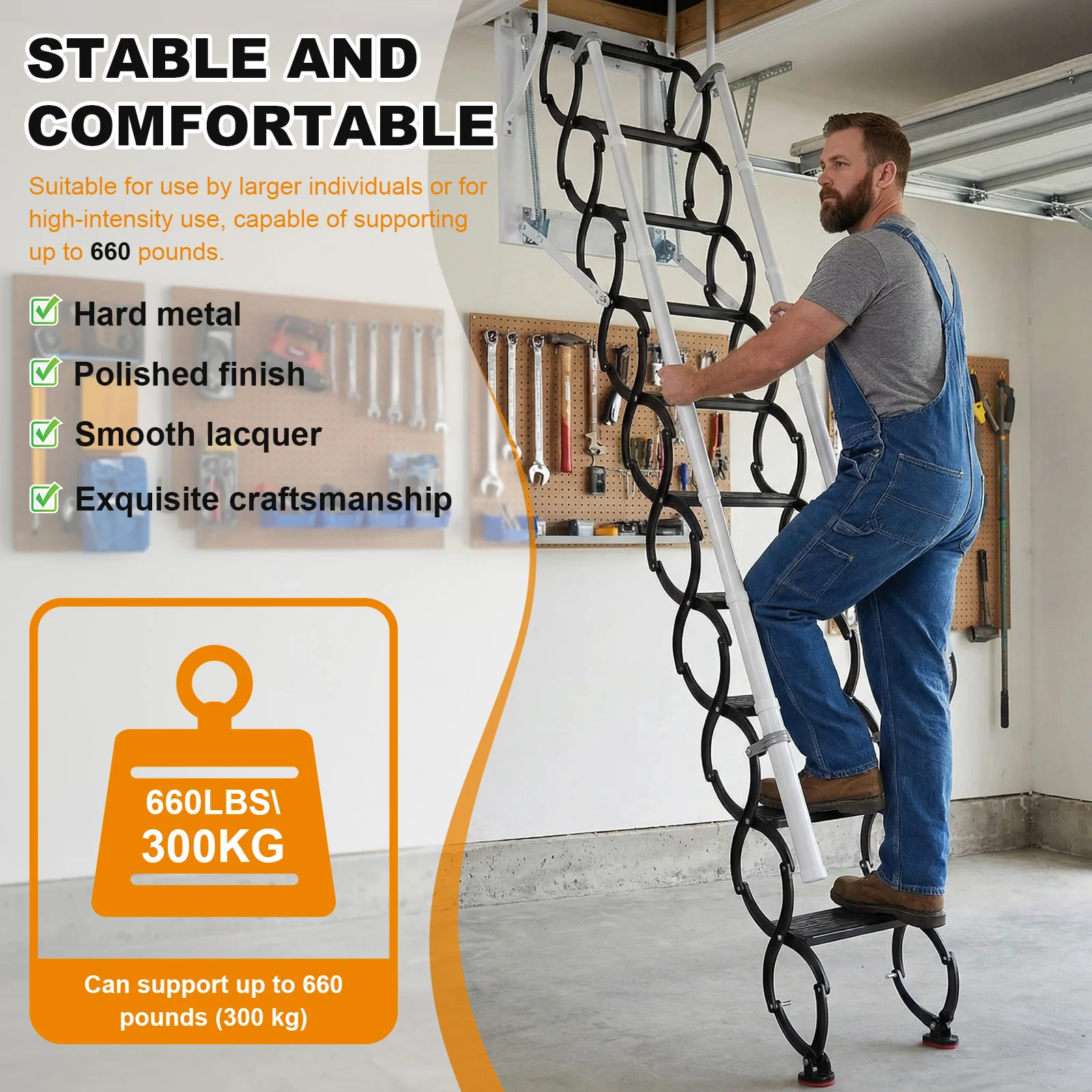 

Extra Wider Attic Stairs with 2 Handrails and Pull-Down System Telescoping Ladder Load Capacity 660Lbs for Indoor Outdoor