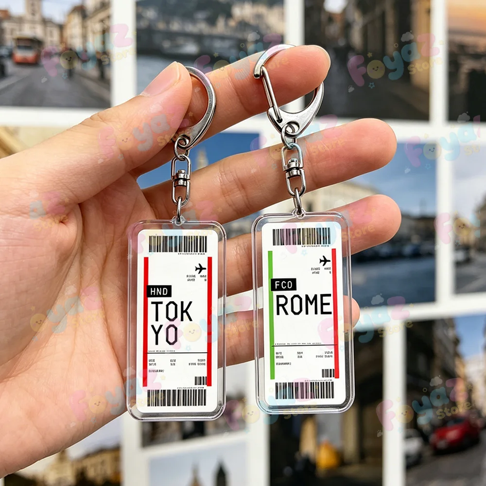 Fashion Paris Tokyo Travel Keychain Accessories Bag Charm Plane Ticket Chibi Keyrings Fans Freinds Birthday Gifts