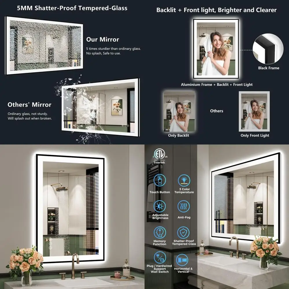 

Dimmable LED Lighted Bathroom Mirror, 24x36 Inches, Anti-Fog, Tempered Glass, Black Framed Vanity Mirror with Front and Back Lig