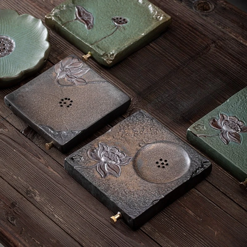 

Japanese Gold Iron Glaze Ceramic Tea Pot Holder Stand Small Rustic Tray Water Storage Drainage Dual Use for Accessories