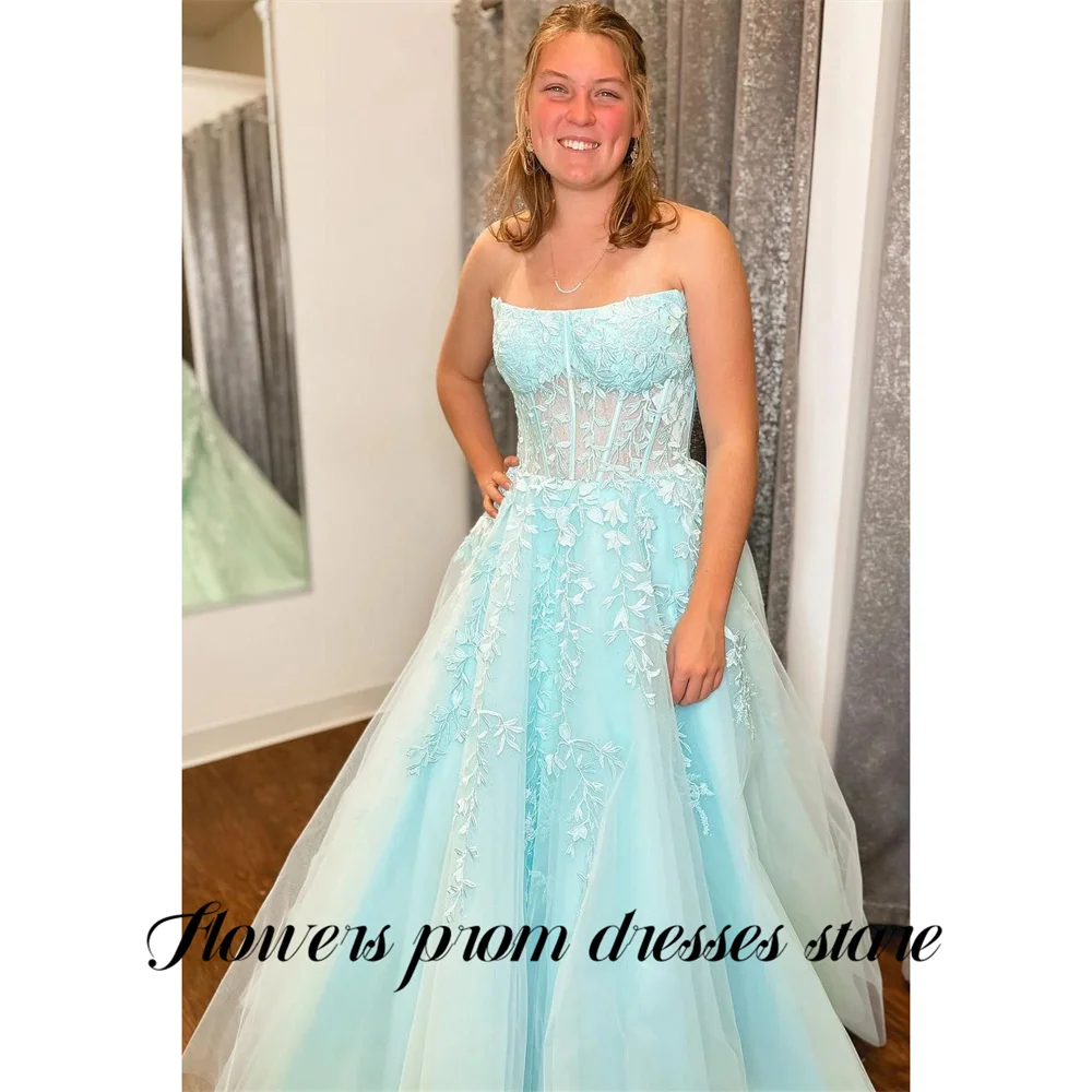 

Flowers Light Aqua Blue Party Dresses Embroidered Leaves Evening Dresses Simple فساتين السهرة Gala Dress Customized