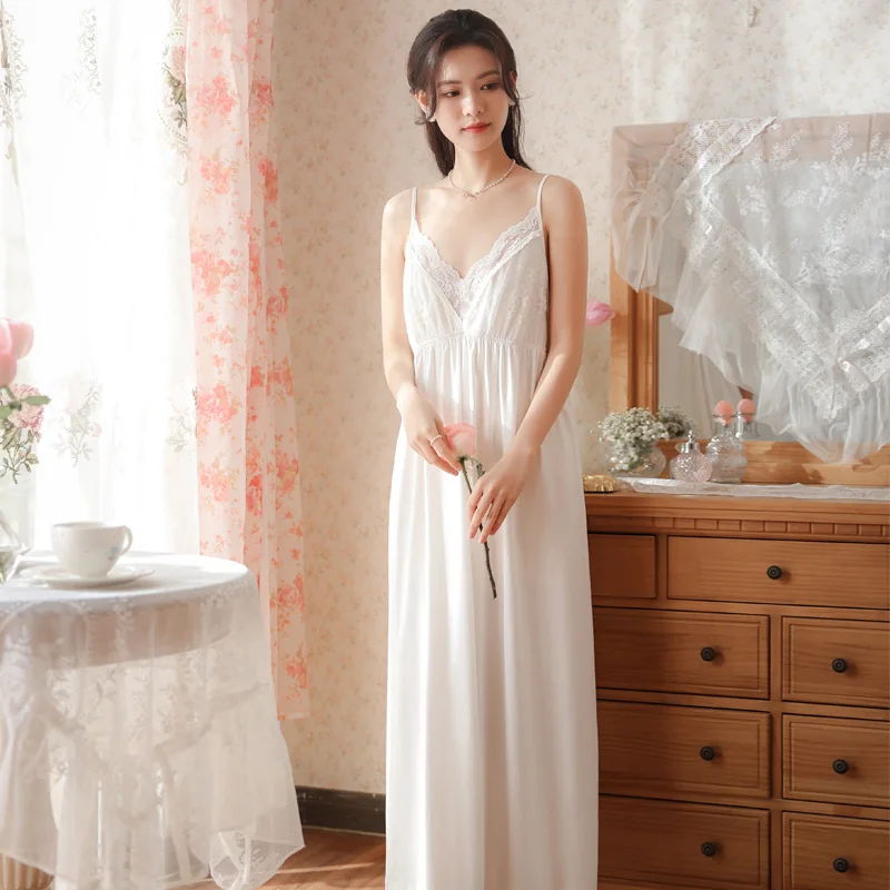 Victorian Vintage Cotton Nightgown Princess Sleepwear Nightwear Romantic Sexy V Neck Nightdress Solid Color Long Night Dress