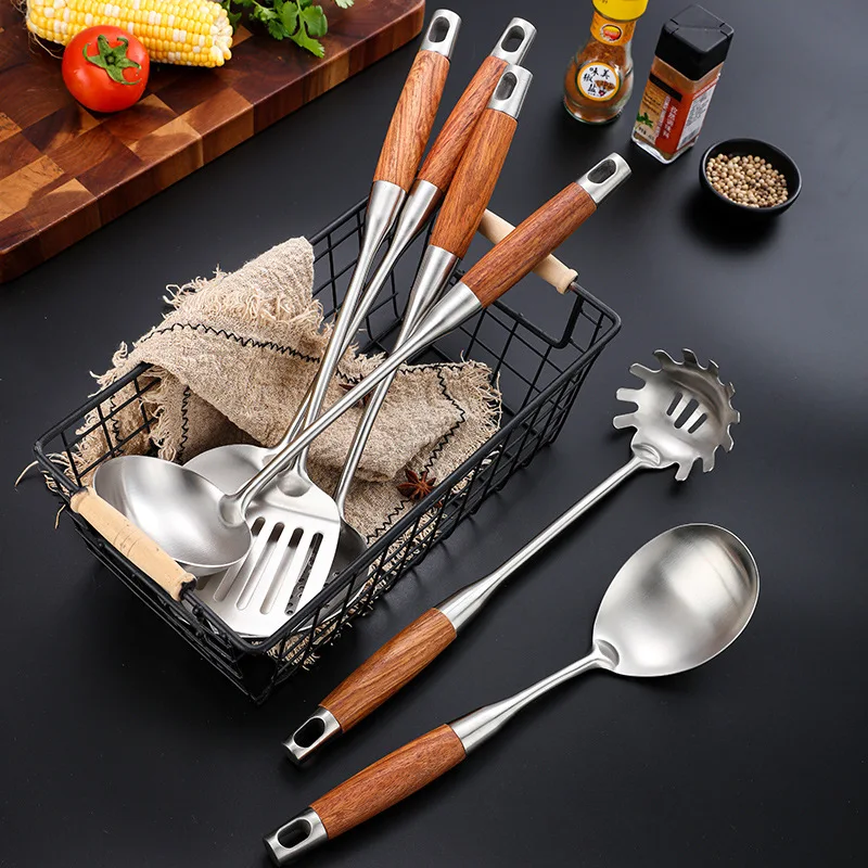 Rosewood Handle Stainless Steel Cookware Set Kitchen Durable Wok Spatula Colander Shovel Cooking Utensil Kitchenware Accessories