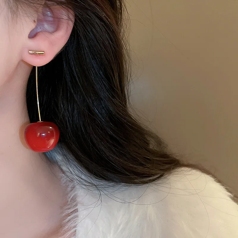 Sweet Red Resin Cherry Drop Earrings for Women Trendy 3D Fruits Dangle Earrings Daily Party Vacation Fashion Jewelry M1 image 3