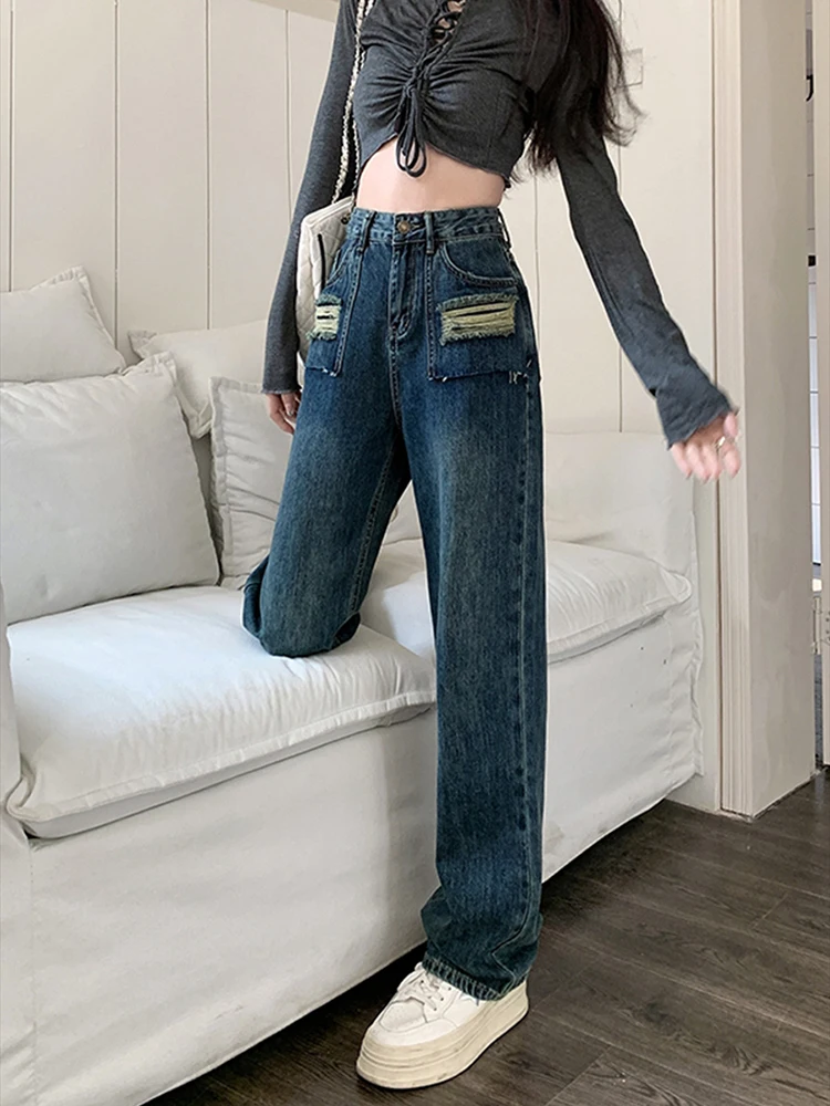 Retro Distressed Wide-Leg Jeans Damen Frühling und Herbst 2023 neue High-Waist Loose Slimming All-Match drapierte Straight-Leg-Hose