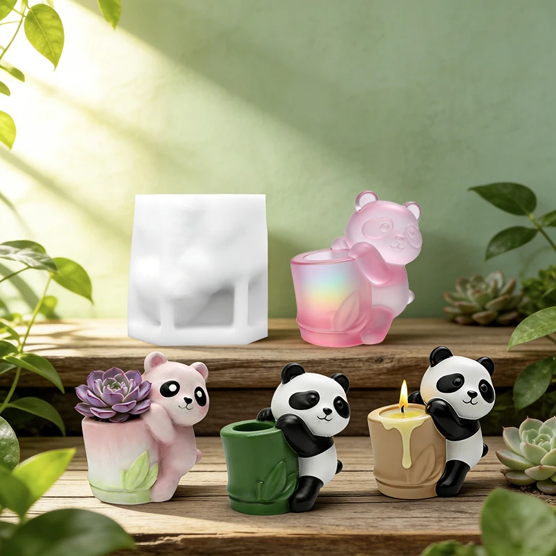 Moule en silicone pour pot de fleurs en forme de panda de dessin animé tenant un bambou, moule en résine de gypse pour plantes succulentes et aromathérapie, outil de fabrication artisanale multifonctionnel