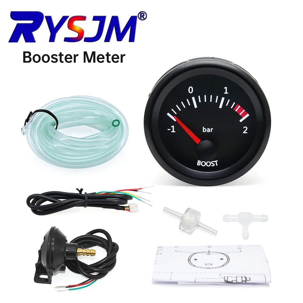 -1~2 Bar Turbo-Boost-Anzeige 52mm mit Weißer Hintergrundbeleuchtung, Zeiger-Boost-Meter mit T-Rohr PVC-Schlauch und Rauchglas für Fahrzeuganzeige