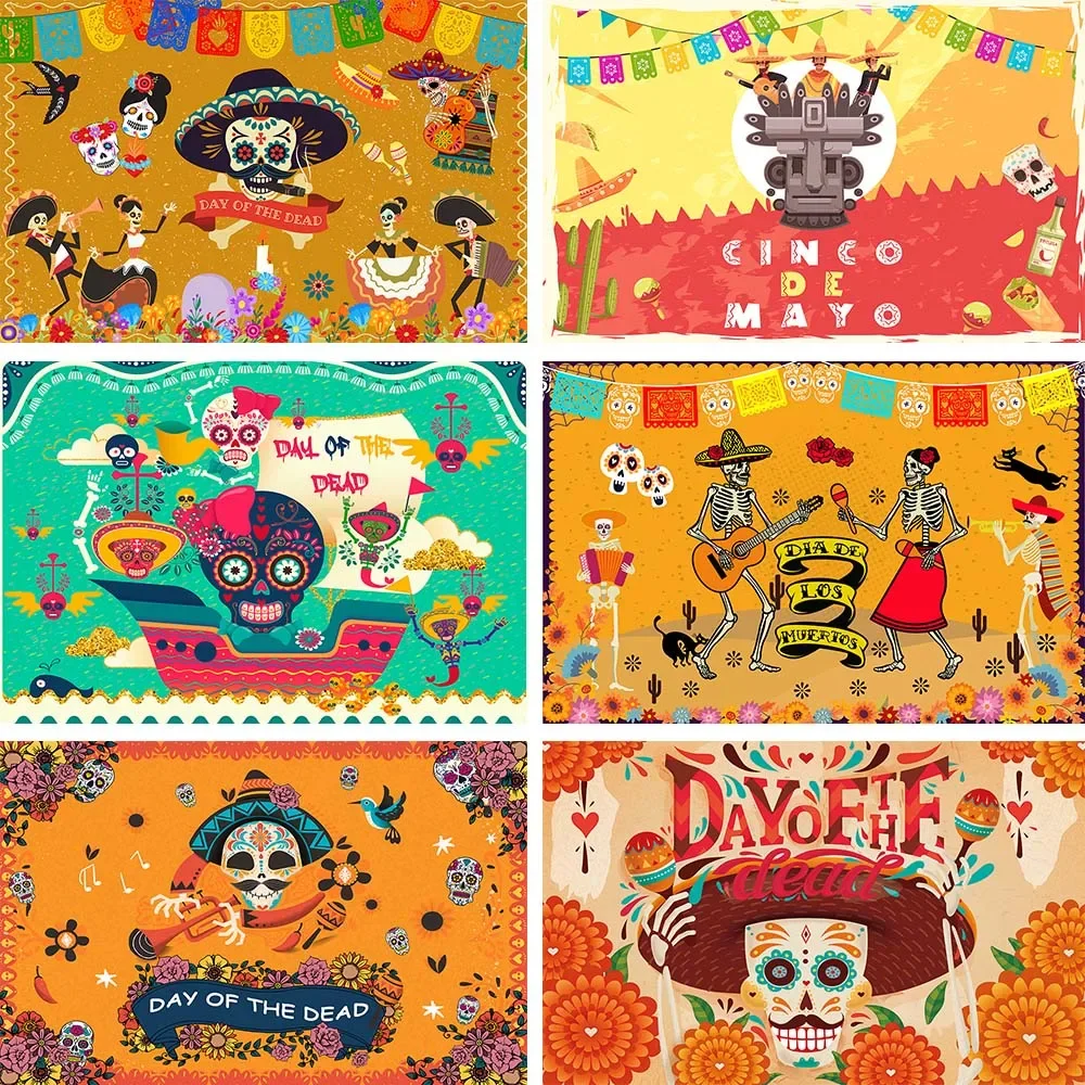 Mexican Fiesta Day of The Dead Backdrop Dia De Los Muertos Dress-up Music Party Skull Photo Background Photography Flower Decor