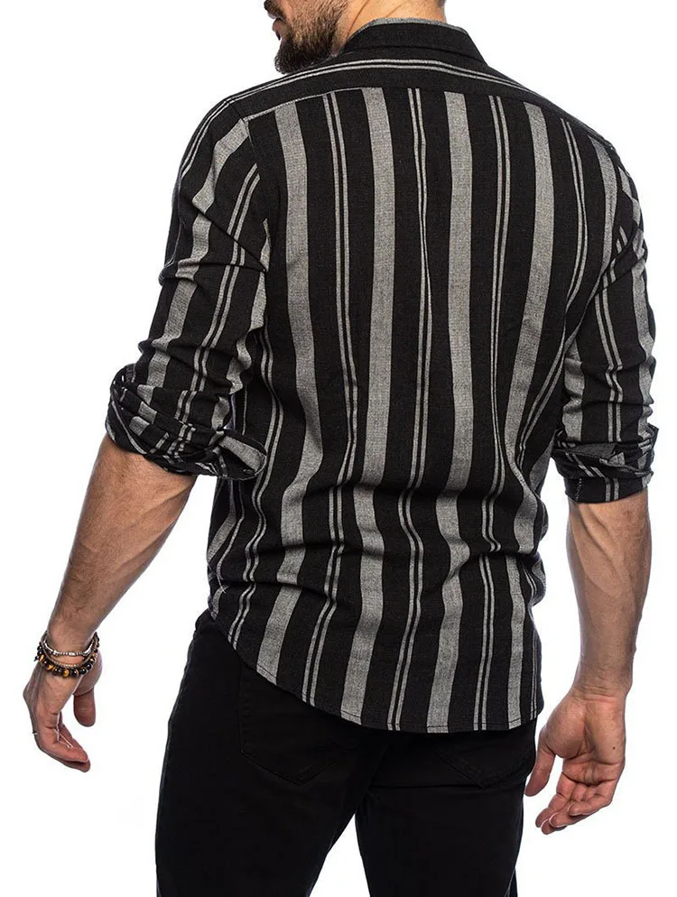 Autumn New Fashion Hawaiian Slim Fit Striped Shirts Casual Men Y2K Mens Vintage Black Long Sleeve Shirt Clothing Chemise Homme