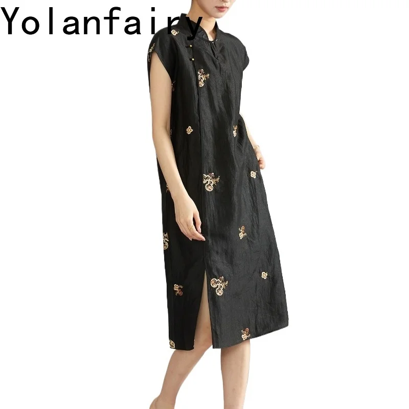 YOLANFAIRY Embroidery Crack Texture Gambiered Silk Short Sleeve Dress for Women 100% Pure Mulberry Silk Cheongsam Dresses Luxury