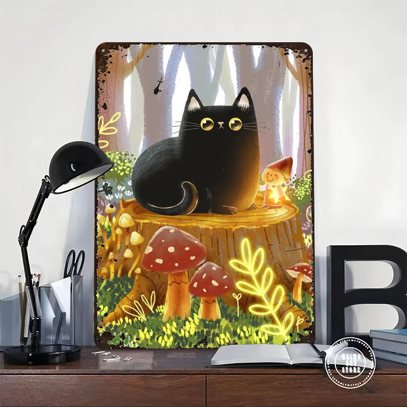 Black Cat and the Elf Lightly 3D Poster Customized Vintage Metal Signs Wall Art Retro Tin Plaque for Home Decoration Gaming Room
