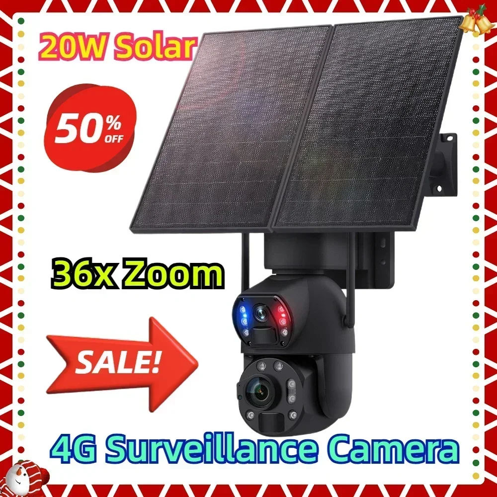 Cámara de vigilancia 4G Cámaras solares para exteriores Zoom 36x 20W Batería solar Rojo Azul Alarma Reflector Cámara PTZ