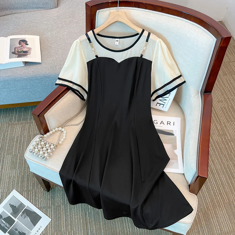 Vestido de camiseta de algodão feminino, gola O, manga curta, tamanho grande, elegante, duas peças falsas, preto, branco, vestidos azuis finos, verão, fêmea