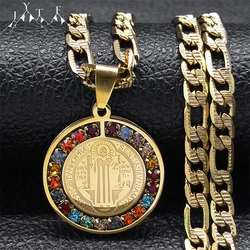 Colorful Crystal Saint Benedict Medal Necklace Women Men Stainless Steel Gold Color Chain Necklaces Jewelry San Benito N8391S05