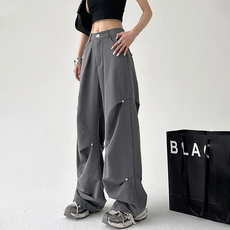 Y2K Gray Cargo Parachute Pants Women Hippie Korean Style Black Baggy High Waist Straight Wide Leg Trousers Vintage Harajuku