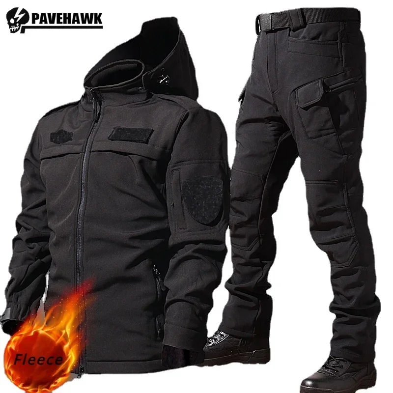 Thicken Winter Mens Tactical Set Waterproof Soft Shell Charge Jacket+Big Pocket Combat Pants 2-pcs Outdoors Train Suit Warm