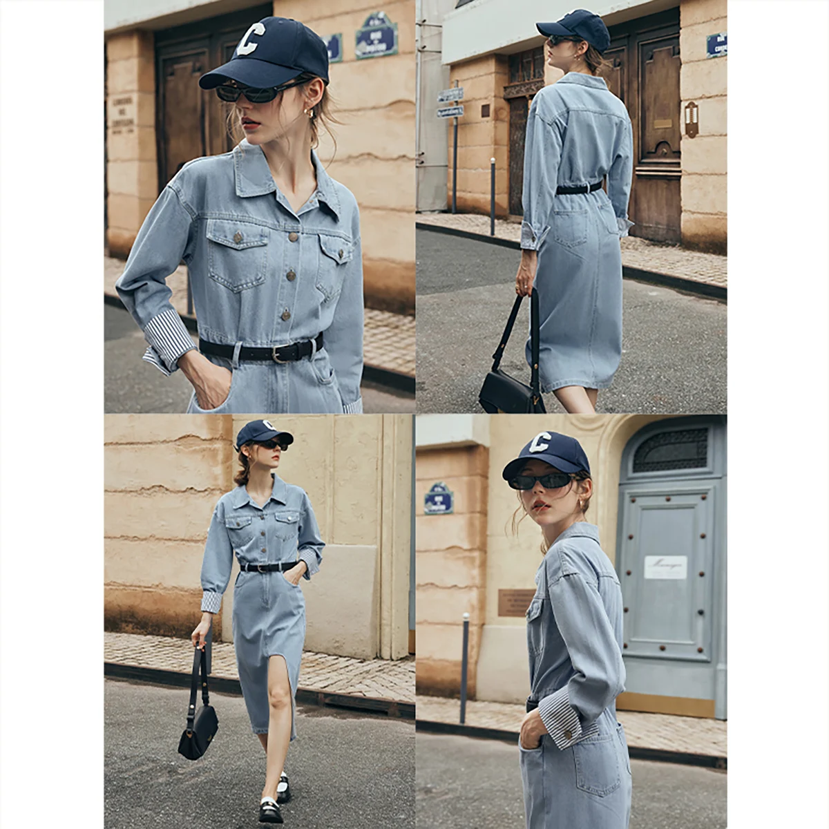 

OLrain French Denim Slit Dresses Women's Autumn 2025 New Vintage Fashion Dress Temperament Waist Long Sleeve Dress O23QL80311