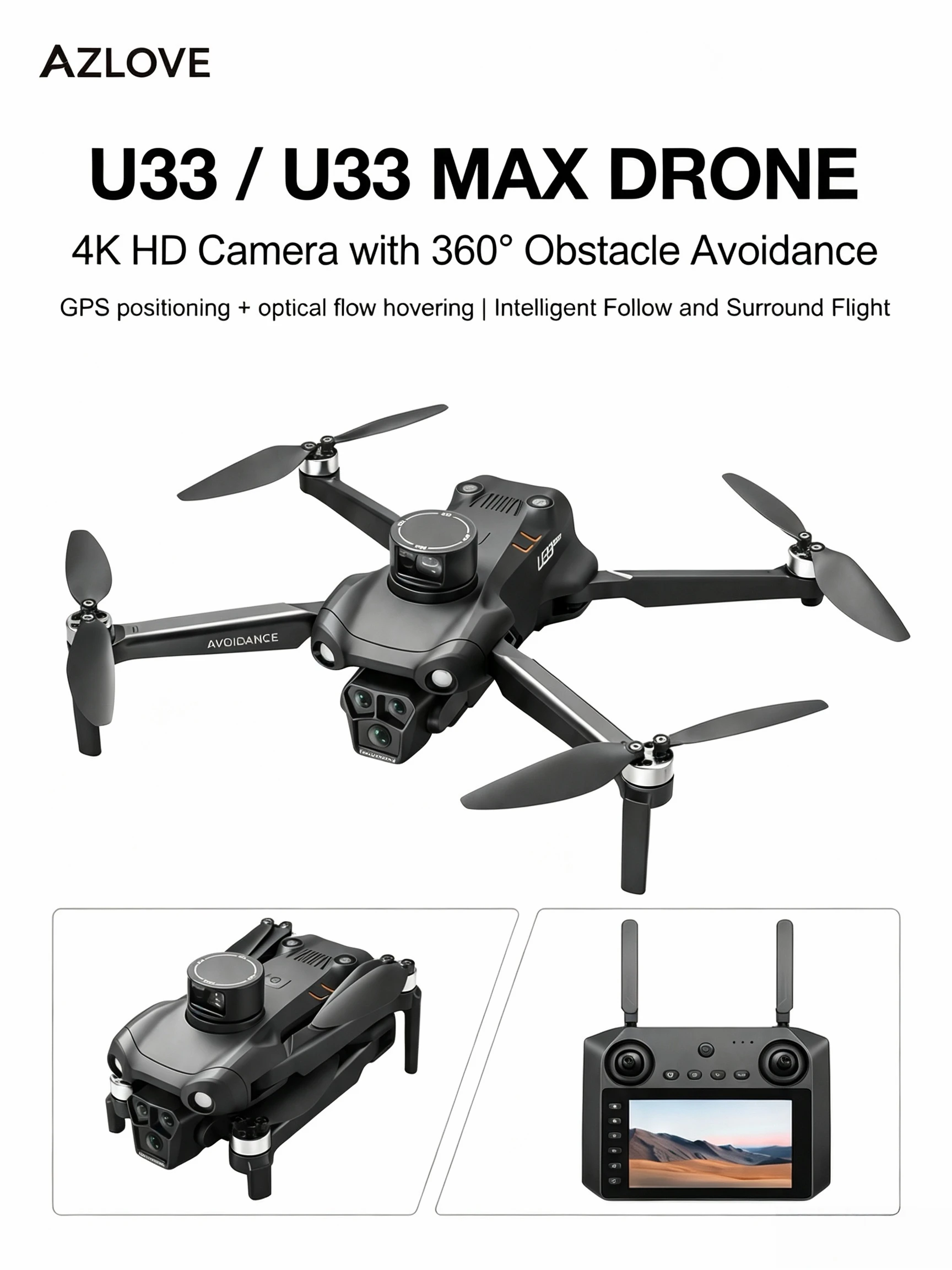 U33/U33Max 4k HD Camera GPS Screen RC Drone Brushless Obstacle Avoidance Camera Long Flight Professional Foldable security UAV