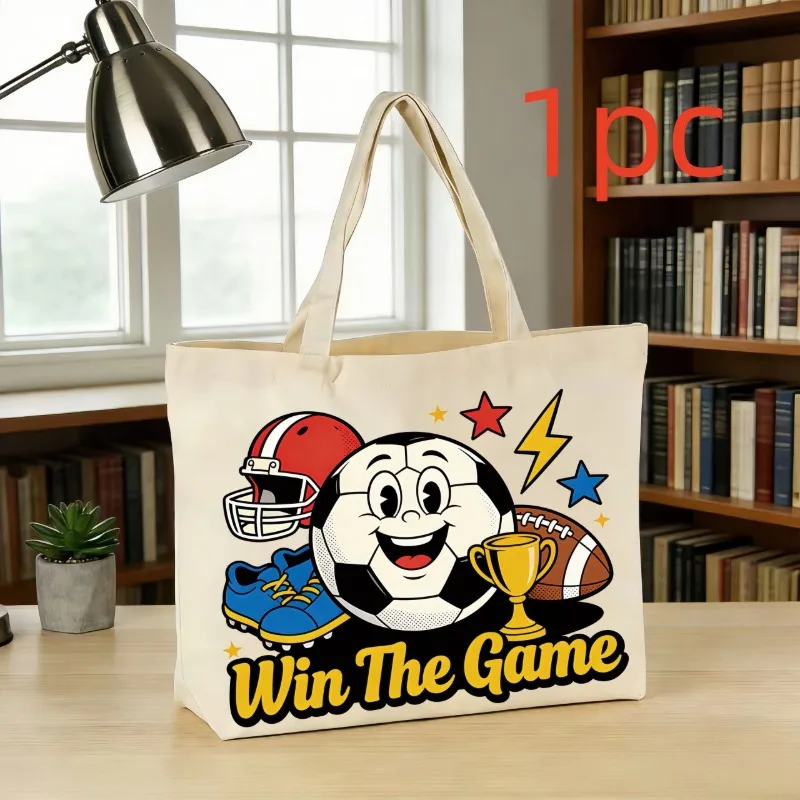 

1pc Soccer Theme Canvas Bag Sports Element Shoulder Tote Large Capacity Handbag Everyday Storage Bag