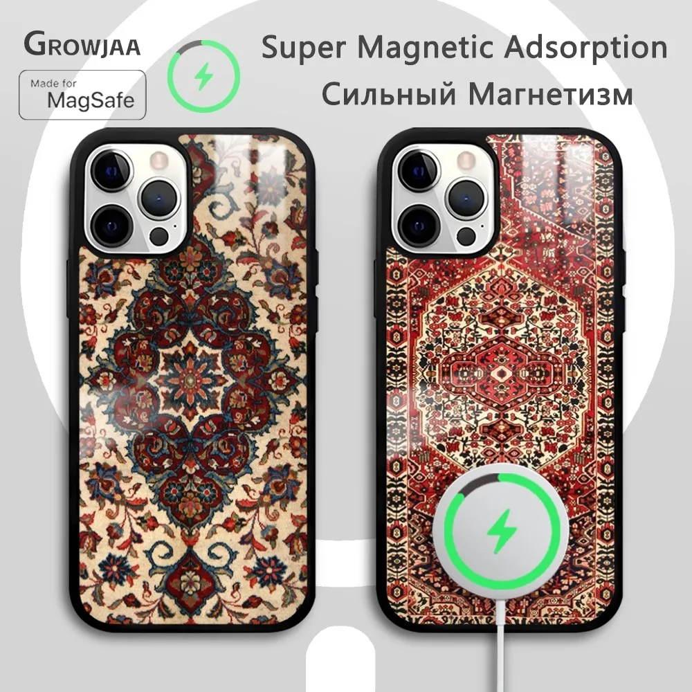 

Persian Carpet Floral Pattern Phone Case For iPhone 16 15 14 13 12 11 Pro Max Plus Mini New Magsafe Mirror Wireless Magnetic Cov