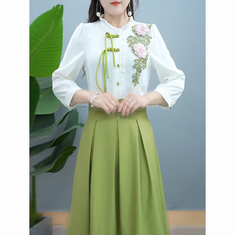 Personalized Embroidery 3D Flower 3/4 Sleeve Dress 2023 Spring/Summer New Light Luxury Fashion Mid Length A-line Dress for Women