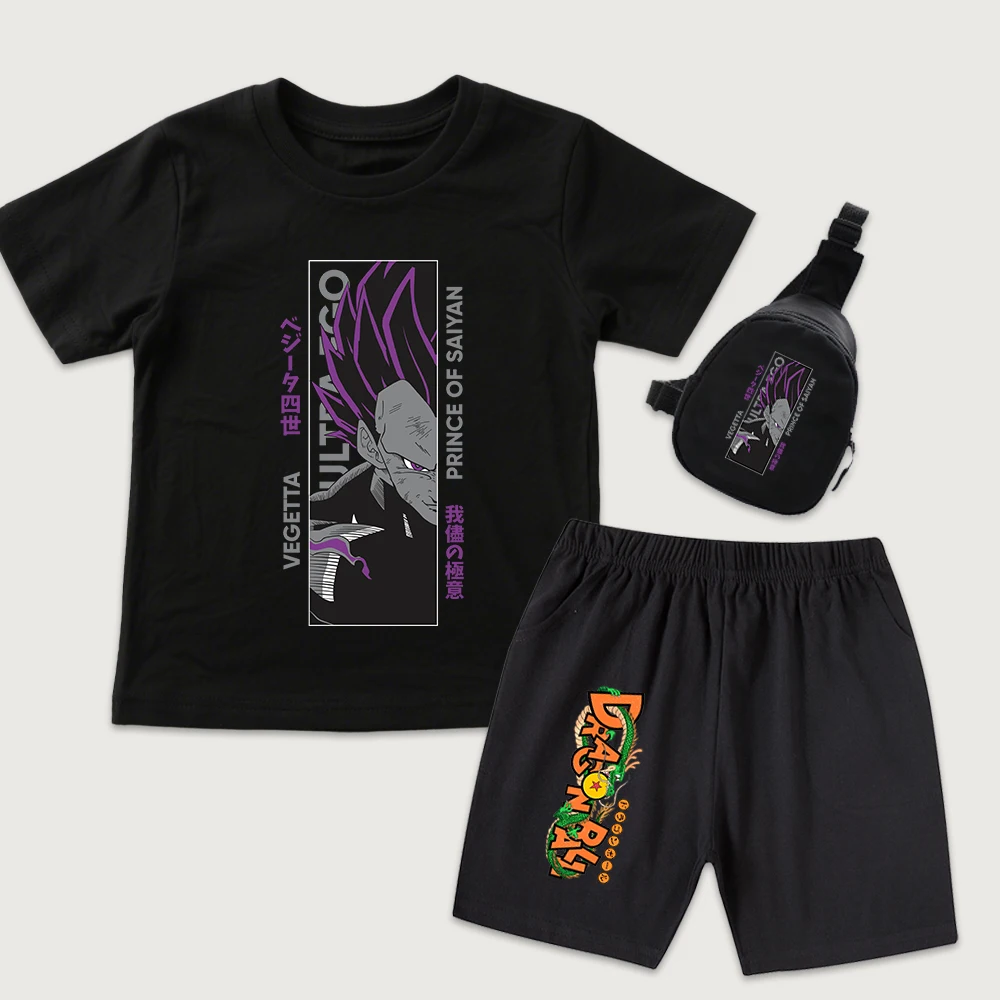 Dbz Vegetta Anime Print Kids Cotton T Shirt and Shorts Set with Mini Chest Bag 3pcs Set for Boys Girls Casual Summer Outfit