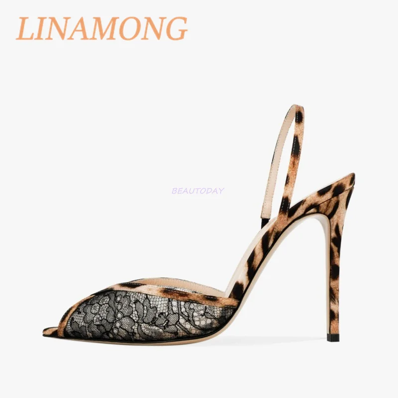 Lace Leopard Print Cool Mop Fashionable and Simple Black Pointed Toe One Foot Strap Temperament Slim High-Heeled Sandals