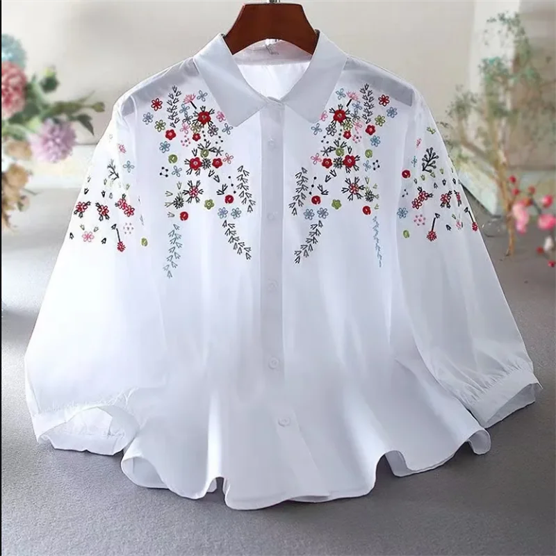 Women Cotton Blouses Embroidery Shirt Loose White Shirts New Casual Office Lady Blouse 3/4Sleeve Female Top Cardigan Shirt ﻿