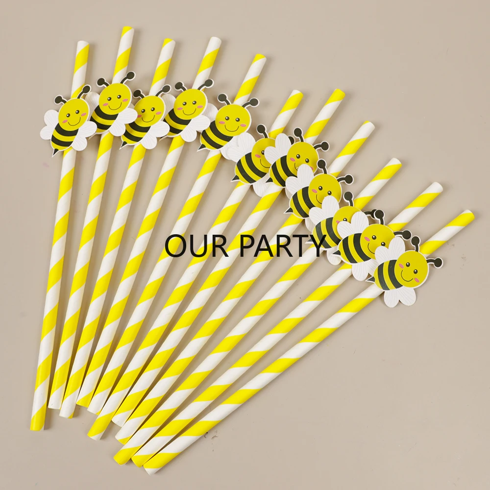 30Pcs Cartoon Biene Thema Papier Strohhalme Bar Trinkhalm Einweg Geschirr für Kinder Geburtstag Baby Dusche Hochzeit Party Decor – Detail 2