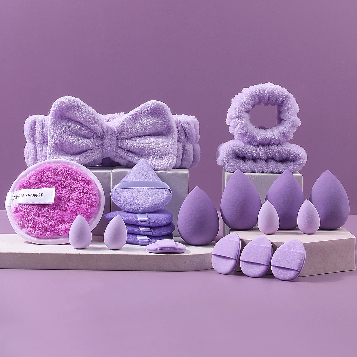 20PCS 페이셜 클렌징 및 메이크업 세트: 부드러운 헤어밴드/손목 스트랩 + 스펀지 에그/파우더 퍼프 + 대형 원형 클렌징 퍼프