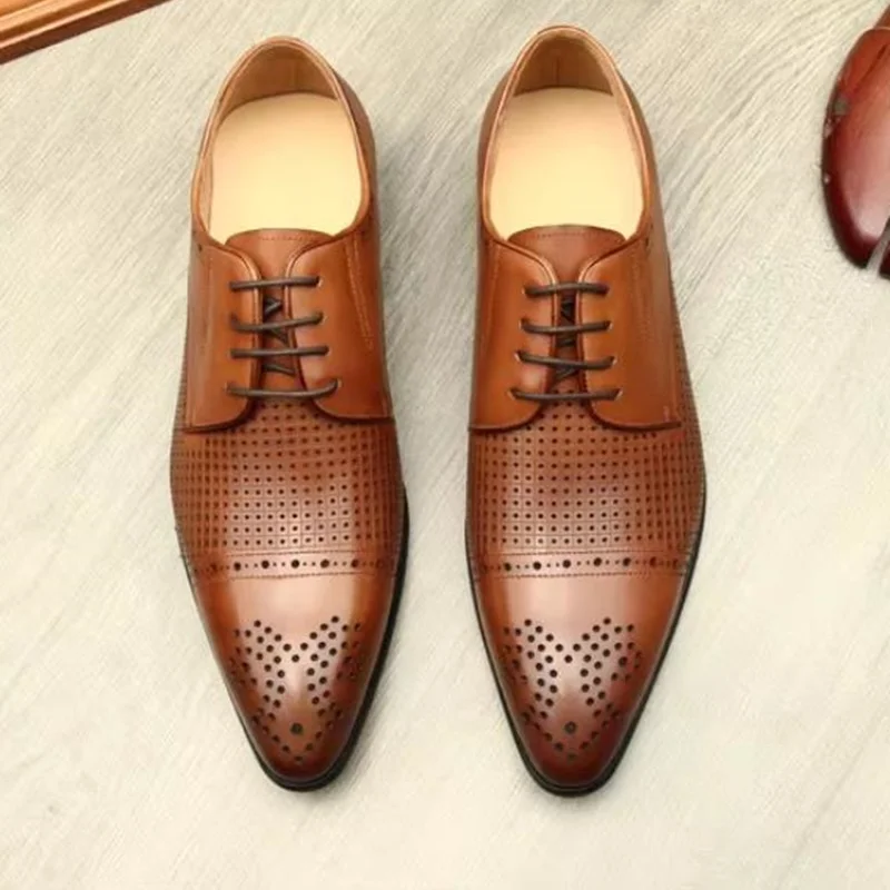 Summer Thin Laser-engraved Perforated Breathable Business Sandals Brogue Hollow-out Pointed Leather Shoes Men Dress Shoes Sandal