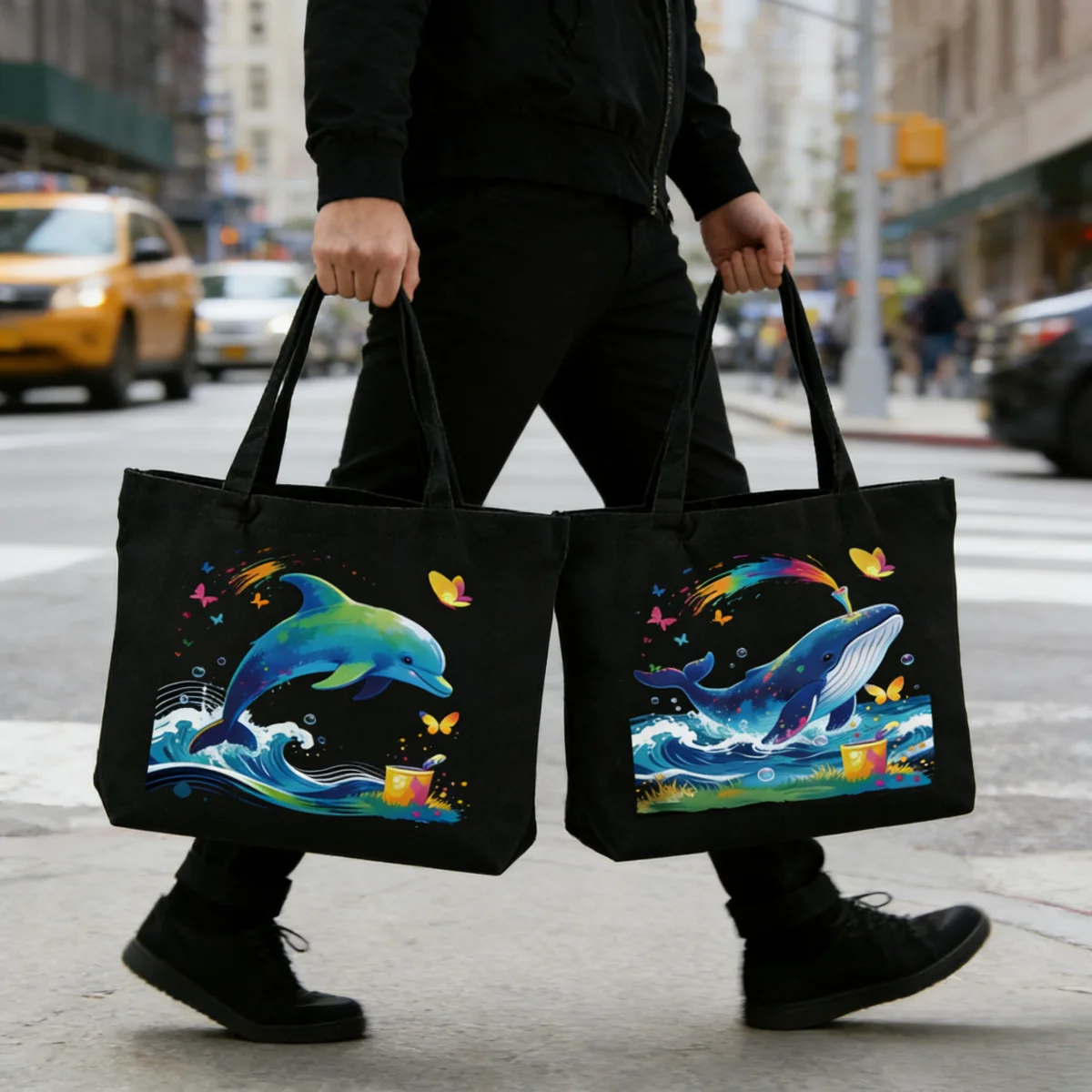 

1pc Shark Element Black Canvas Bag Large Capacity Shopping Bag Single Shoulder Canvas Bag Handheld Eco friendly Bag