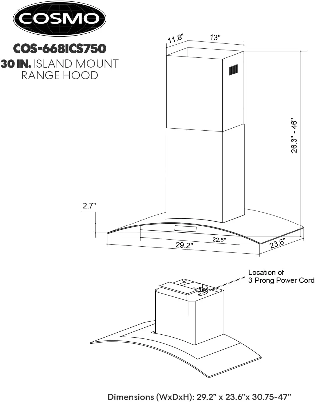 Cosmo 668ics750 30インアイランドマウントレンジフード、ソフトタッチコントロール、恒久フィルター、LEDライト、強化ガラス、380 cfm